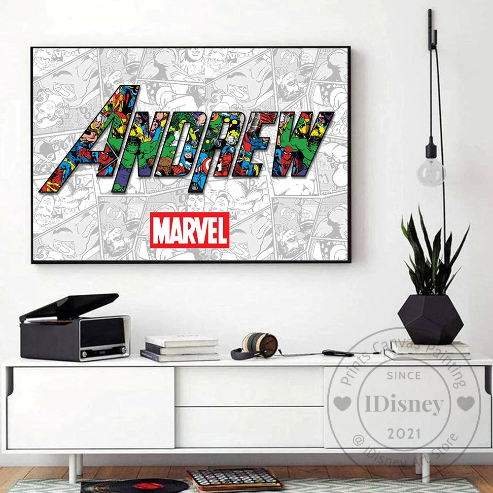 Персонализированный плакат с именем супергероя Marvel в подарок на день рождения для любителей комиксов, печать на холсте, декор для комнаты, картины Куадрос он.