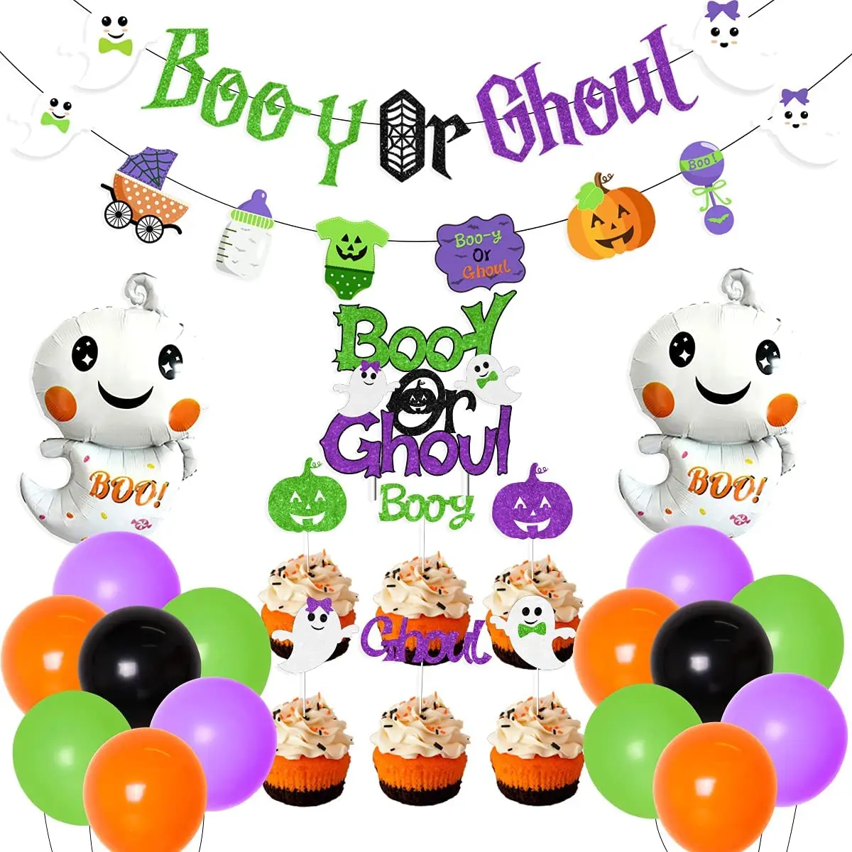 

Halloween Gender Reveal Decorations Booy or Ghoul Banner Garland Cupcake Toppers,Ghost Foil Balloons for Gender Reveal Party
