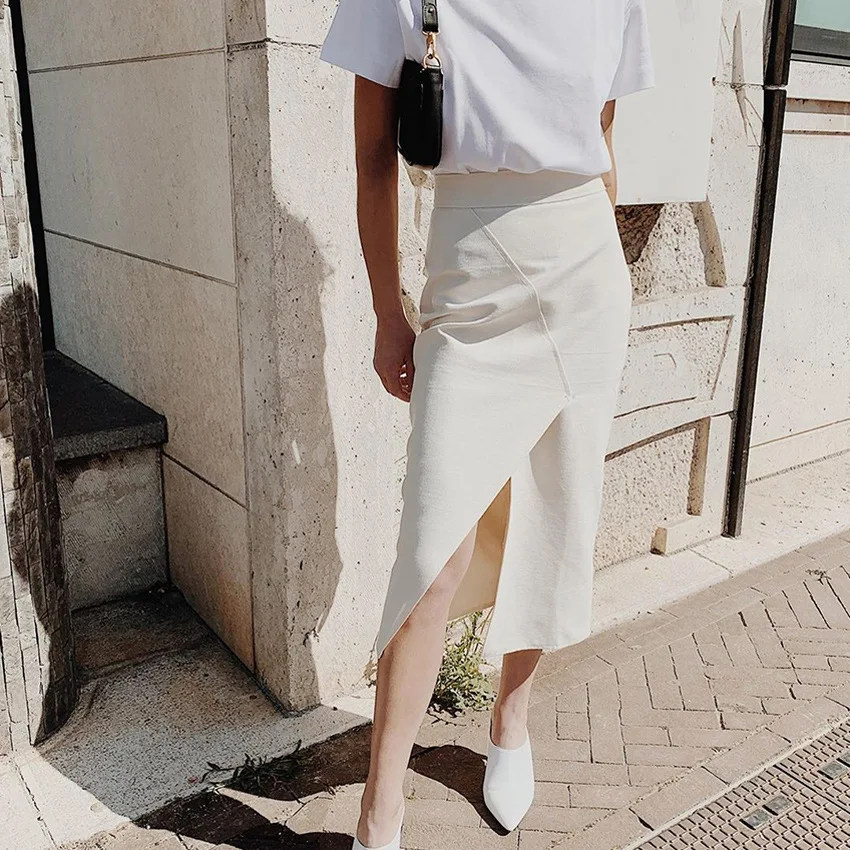 IEMUH Повседневная бежевая Однотонная юбка миди с разрезом Женская длинная высокой