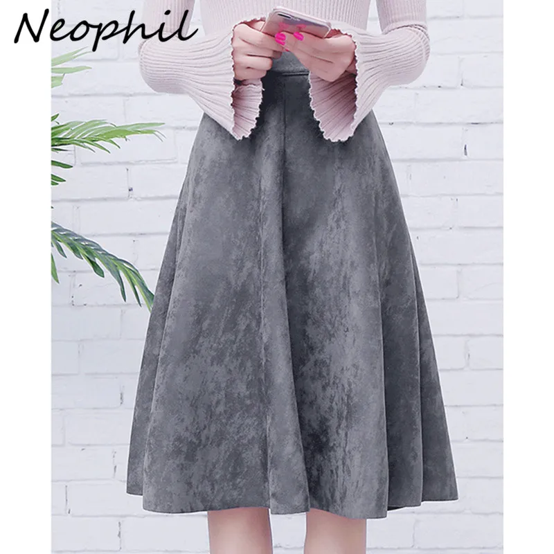 Neophil Women Suede High Waist Midi Skirt 2022 Winter Vintage Style Elastic Ladies A-Line Black Green Flare Fashion Skirt  S29A4