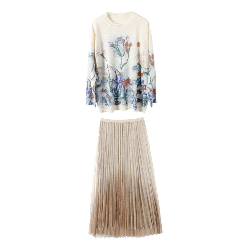 

Autumn Winter Clothes 2021 Women Elegant O-neck Knitted Floral Sweater + Mesh Draped Midi Skirt Two Piece Set