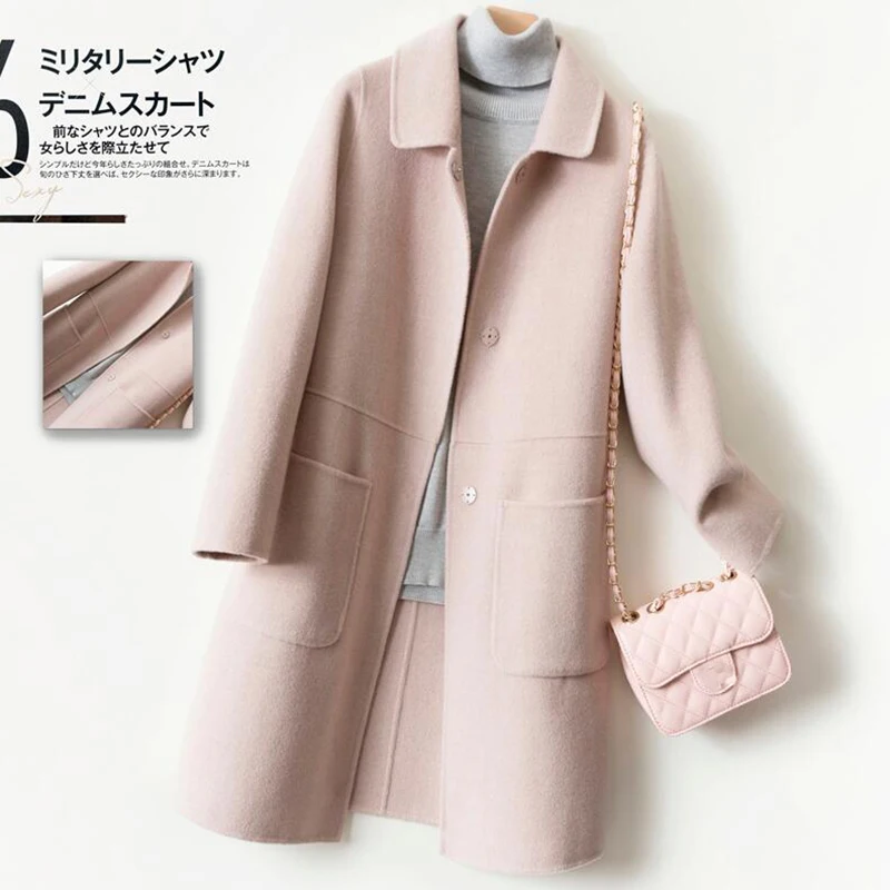 Женское двустороннее кашемировое пальто приталенная Длинная шерстяная куртка в