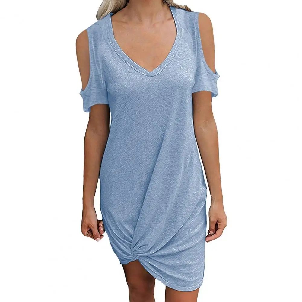 

New Fashion Women Sample Style Dress Solid Color Cold Shoulder Short Sleeve Loose Knee-length Dress for Office Streetwear