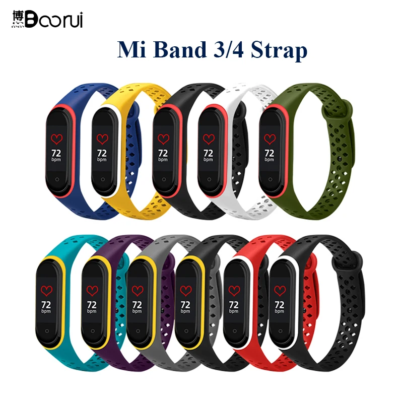 BOORUI mi band 4 ремешок силиконовый сменный для Xiaomi mi band 4 3 ремешок двойной цвет алмазное отверстие mi band 4 ремешок