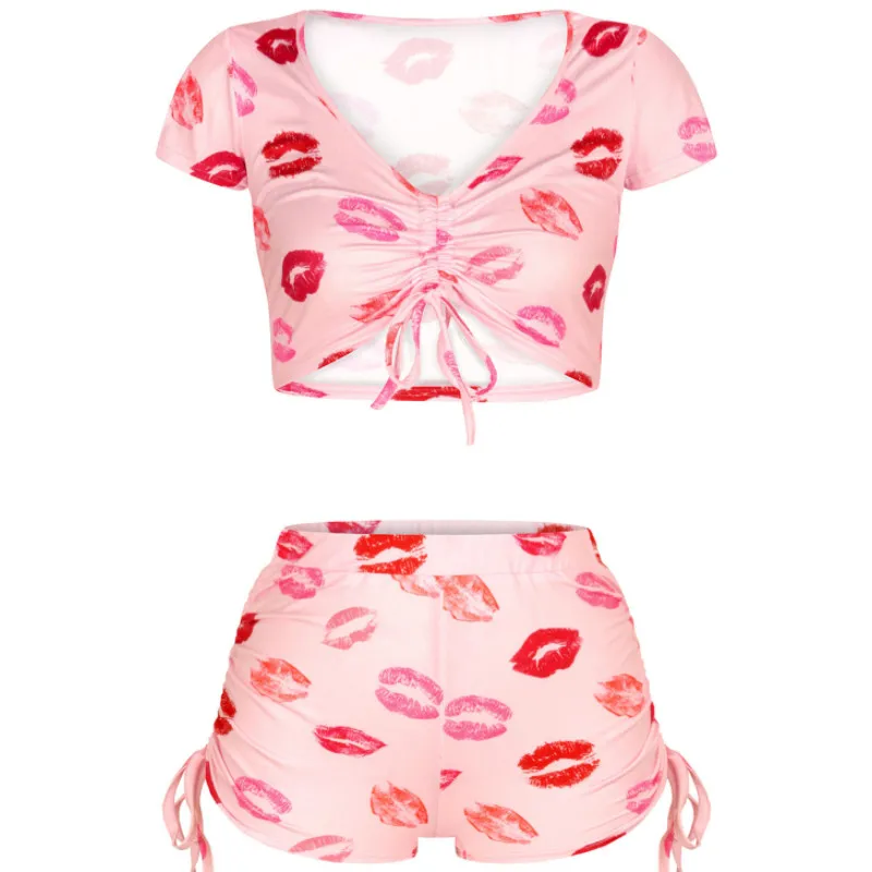 

Женский модный комплект одежды из 2 предметов, комплект одежды с коротким рукавом, v-образным вырезом с принтом топы + шорты с высокой талией, ...