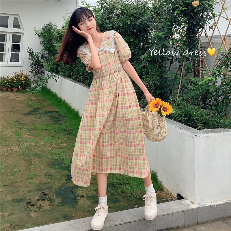 

Sanmuzi Fast Fashion Women's Wear ~ Summer Korean Style Doll Collar Cinched Plaid A- line Dress Small Size Dress Female
