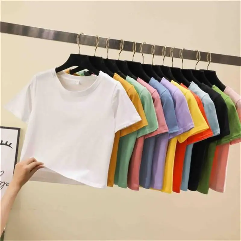 

Solid Color Crop Top Girl Casual O-Neck Short-Sleeved Women's High Waist Slim Short Sports T-shirt Female 2021 Korean Style Tee