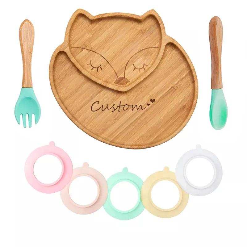 

Custom Name Baby Bamboo Feeding Bowl Spoon Fork Set Fox Pattern Food Tableware Kids Wooden Training Plate Silicone Suction Cup