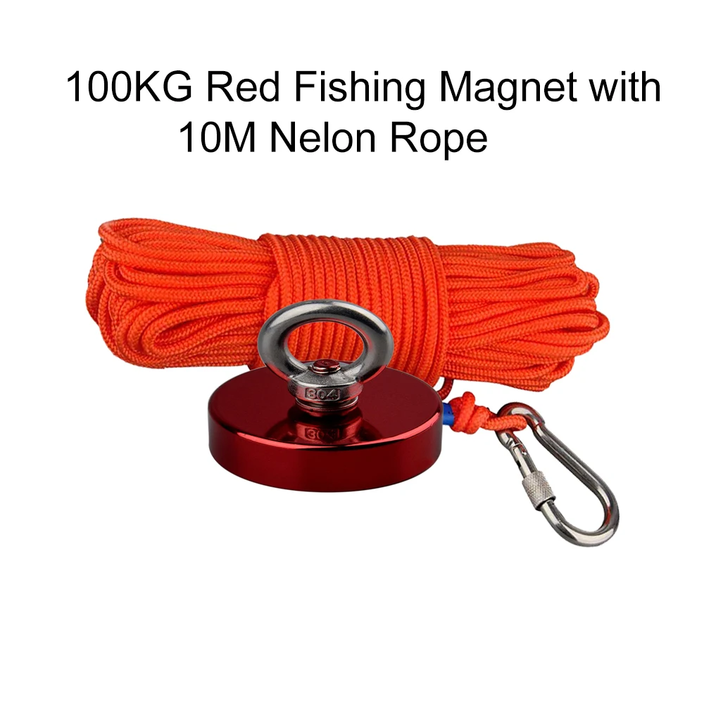 

220LB Red Fishing Magnet Strong Magentic N52 Neodymium Magnets with 10M Nelon Rope for Underwater Metal and Treasure Salvage