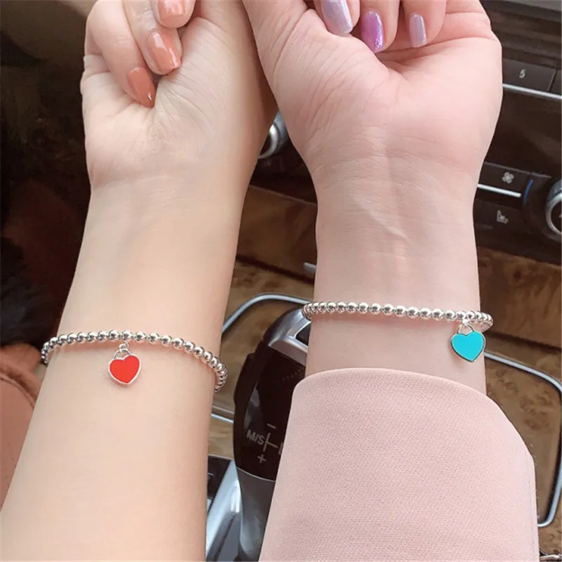 

Sterling Silver Round Bead Bracelet For Women Heart-shaped Pendant TIF Romantic Charm Fashion Jewelry Holiday Gift