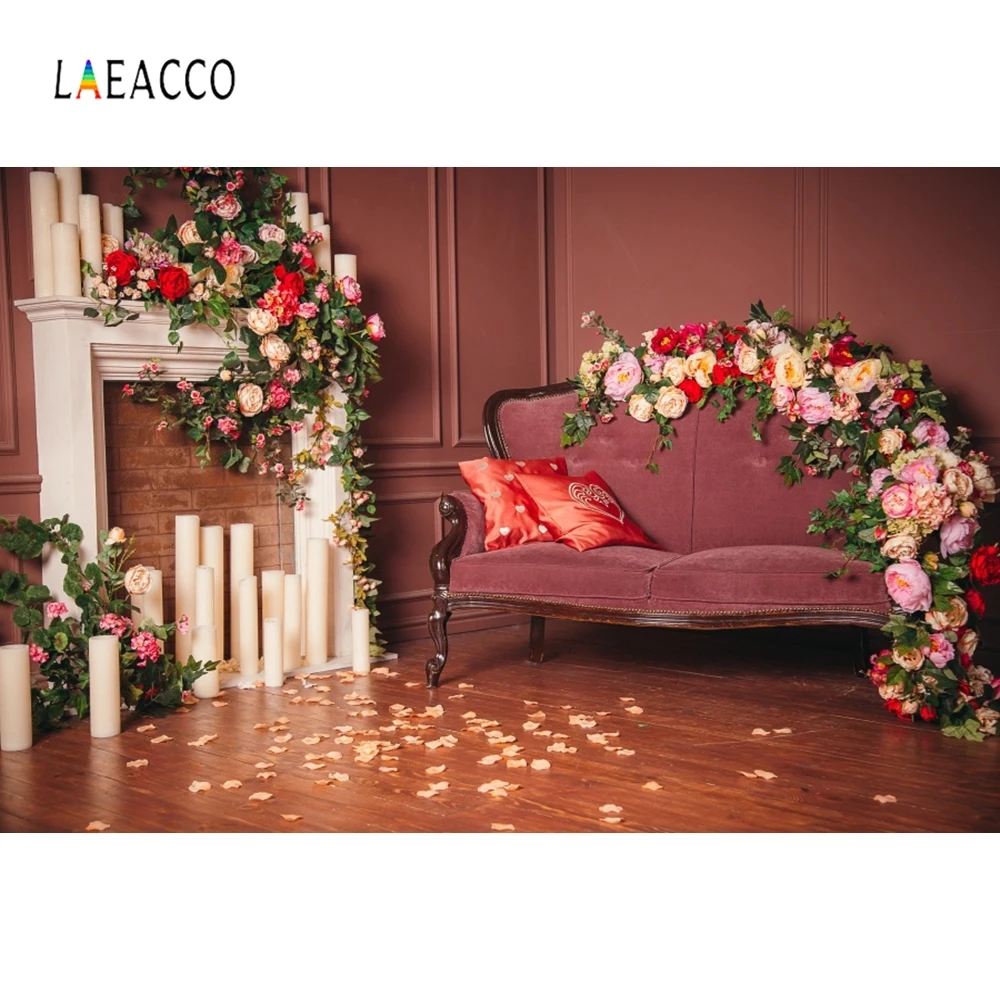 

Laeacco Boudoir Sofa Fireplace Flowers Blossom Candles Wedding Birthday Photography Background Photo Backdrops For Photo Studio