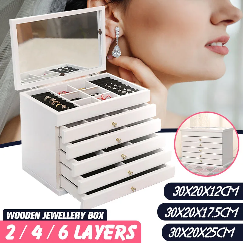 

6 Layers Big Wooden Jewelry Box Jewelry Display Casket Earrings Ring Boxes Jewelry Organizer Gift Box White/Brown Storage Box RU
