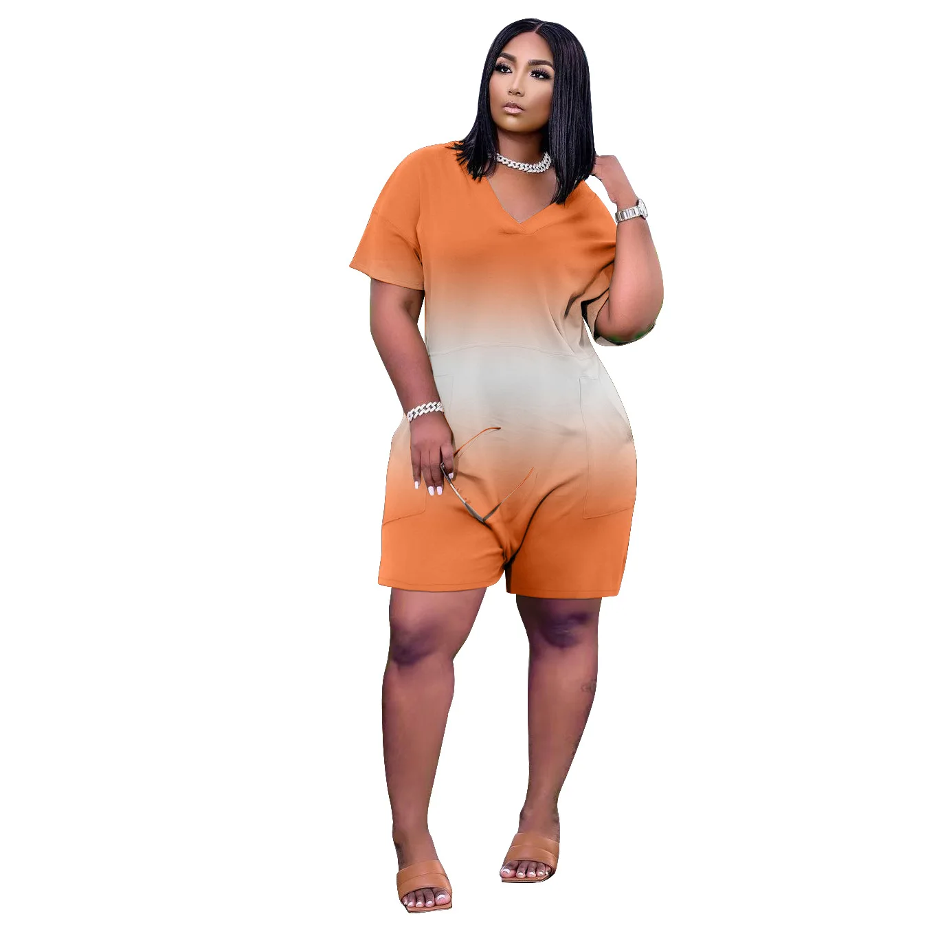 

Summer Short Sleeve Gradient Jumpsuit Casual Women 2021V-Neck Loose Overalls Romper Bodysuit Rompers Womens Jumpsuit Shorts