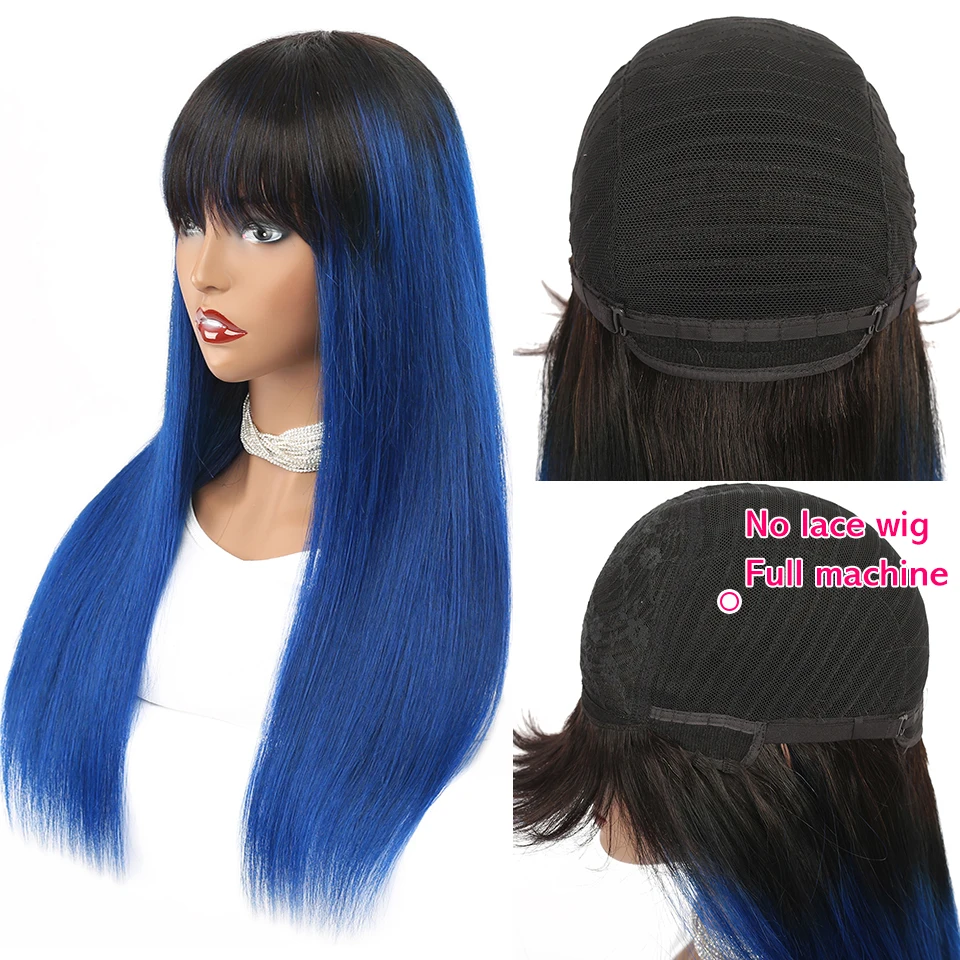 

Blue Big Bang Wig Ombre Colored Human Hair Wigs 180 Full Machine Made Wigs With Bangs Brazilian Remy Human Hair Fringe Wigs Sale