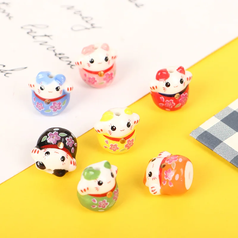 

5pcs Ceramic Lucky Cat Beads Charm Lucky For Fortune Money Health Decoration Creative Lucky Cat Birthday Gift For Cute Girl