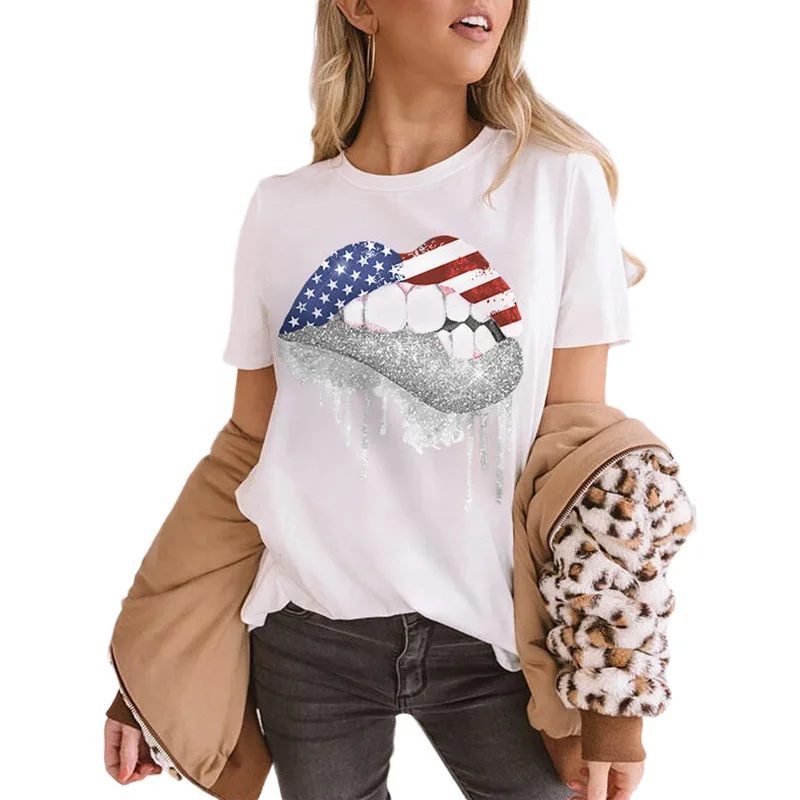 

American Flag Shirts Short Sleeve Kawaii Print Top 2020 Fashion Plus Size Lips Tshirt Women Aesthetic Print Diamond