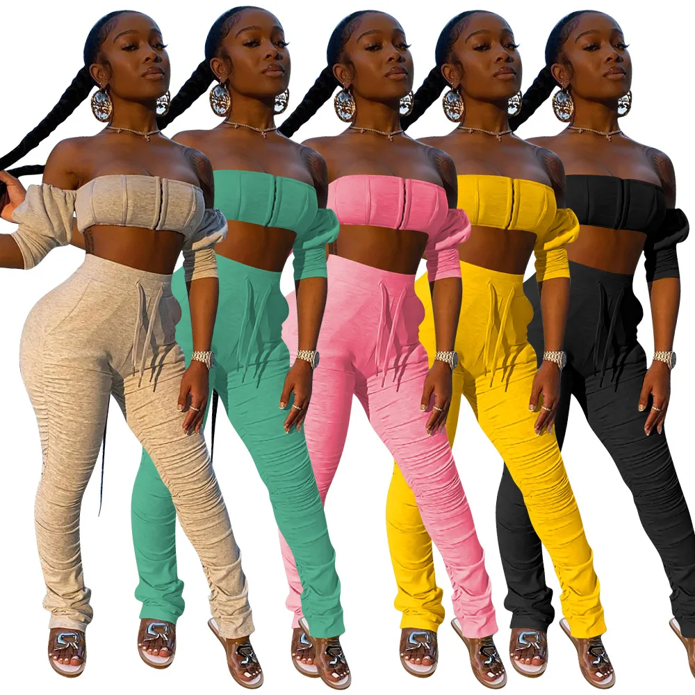 

Sport Solid Women two piece set Tracksuits off shoulder crop tops stacked bell bottom jogger pants Suit Matching Set