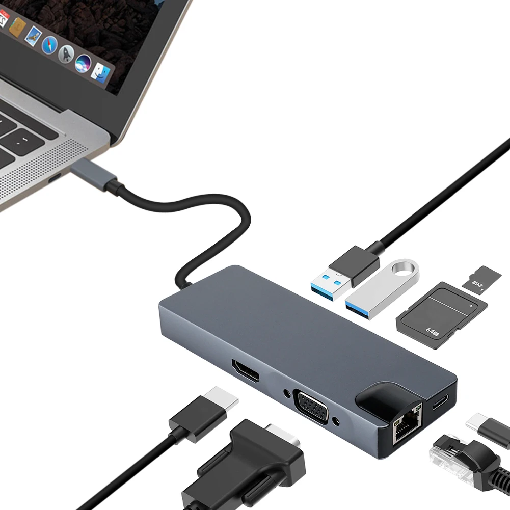 USB C концентратор Тип к 3 0 HDMI VGA Gigabit Ethernet RJ45 usb-хаб для MacBook Pro поставки разветвитель 8