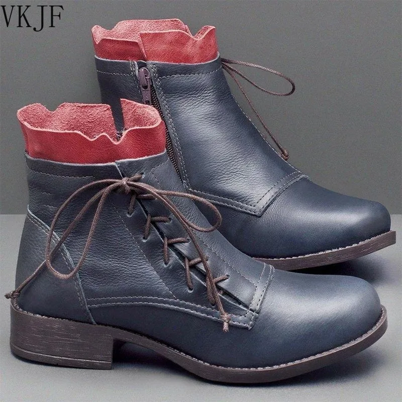 

Женские ботильоны, винтажные осенние ботинки из искусственной кожи на шнуровке, удобные женские модные ботинки на массивном каблуке, 2021