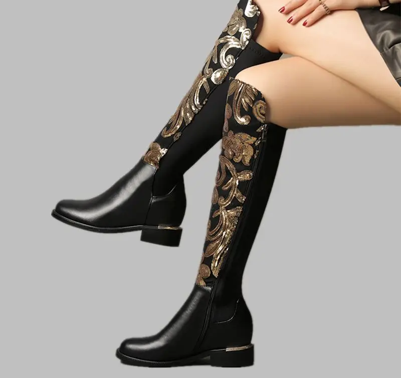 

2021 genuine leather boots women autumn winter boots bling fashion stretch knee high boots ladies shoes