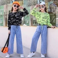 2022 spring summer girls clothes outfits children clothing sets letter t shirts wide leg jeans 5 6 7 8 9 10 11 12 13 14 years