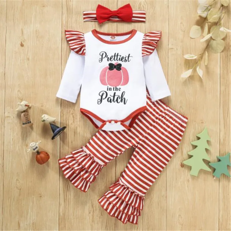 

Halloween Outfit Baby Girls Clothes Set Printed Pattern Round Collar Romper Flared Pants Headdress Halloween Tracksuits 0-18M