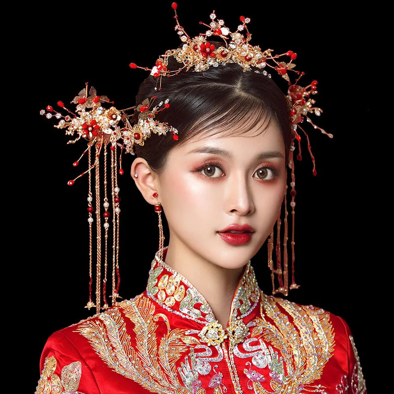 

HIMSTORY Vintage Chinese Traditional Bridal Headdress Hairpin Women Gold Beaded Red Pearls Headband Wedding Hair Accessories