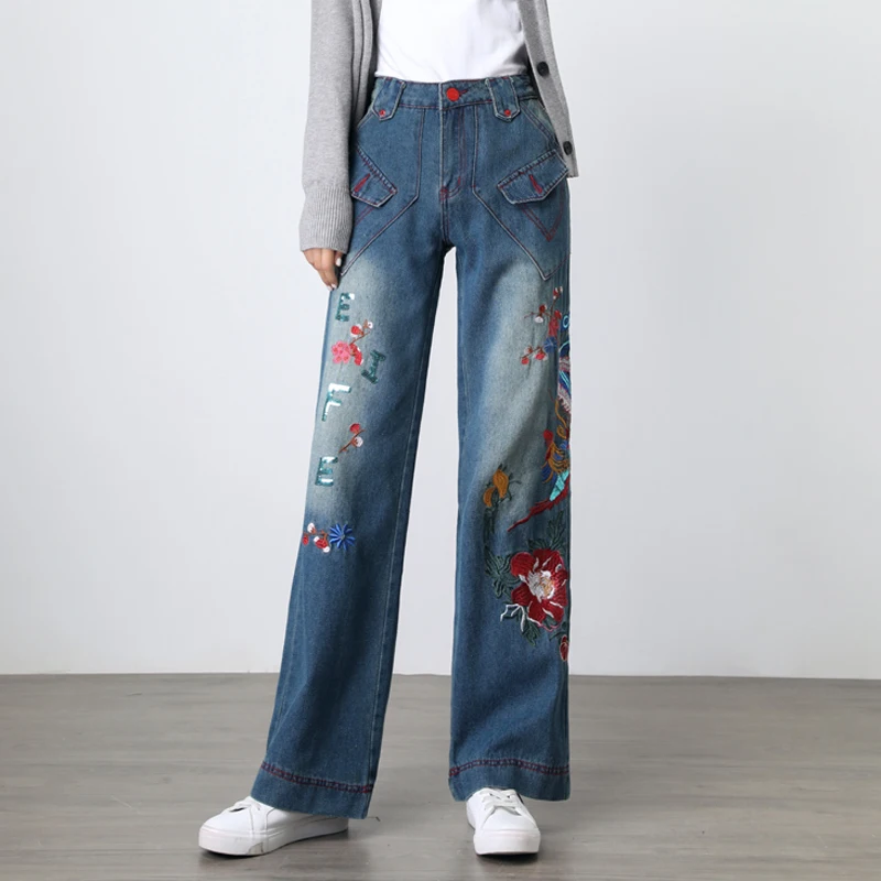 Free Shipping 2021 New Fashion Long Pants For Women Embroidery Flower Trousers Plus Size Denim Wide Leg Jeans Female Pockets