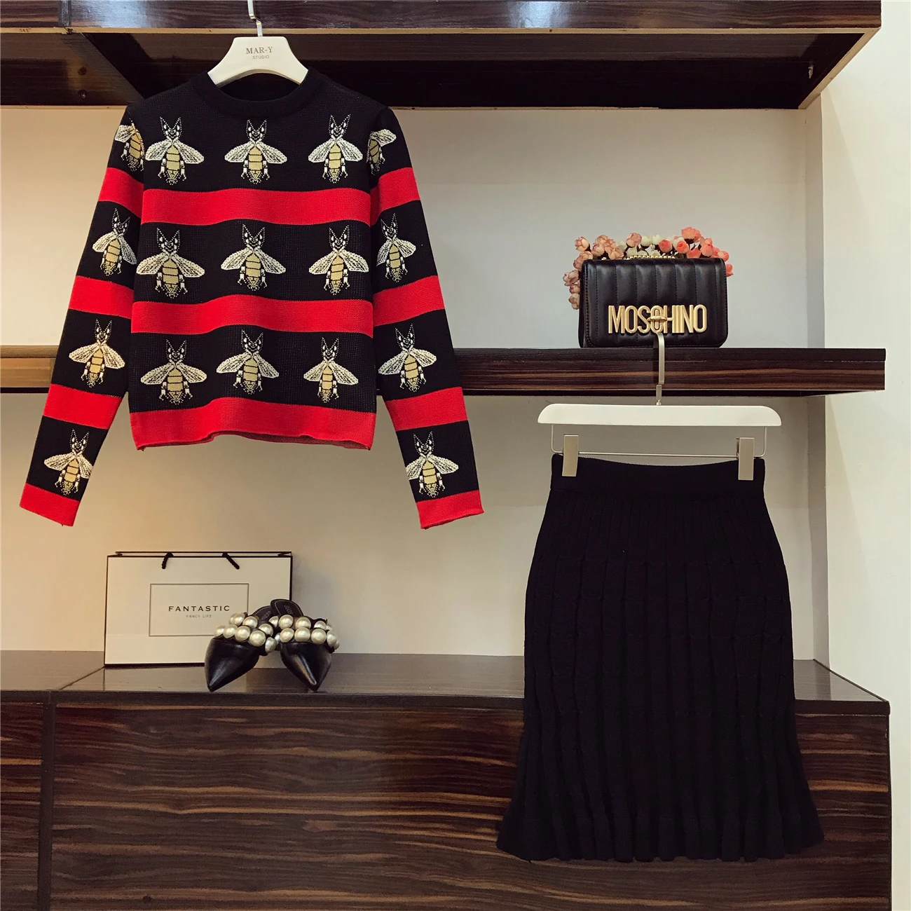 ALPHALMODA 2018 хит в полоску цветной Женский вязаный свитер юбка костюмы OL Осень-зима