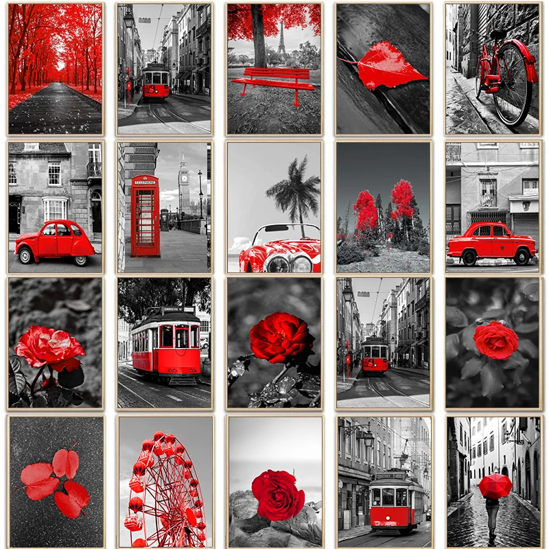 Настенный плакат черного белого красного цвета с принтом зонта дерева городской