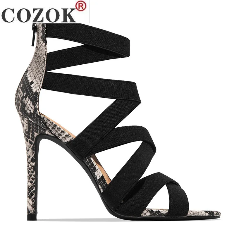 

Summer New Fish Mouth Strap Heel Women's Sandals Stiletto Heel Elastic Band Fashion Snake Print Sexy Large Size Women Sandals