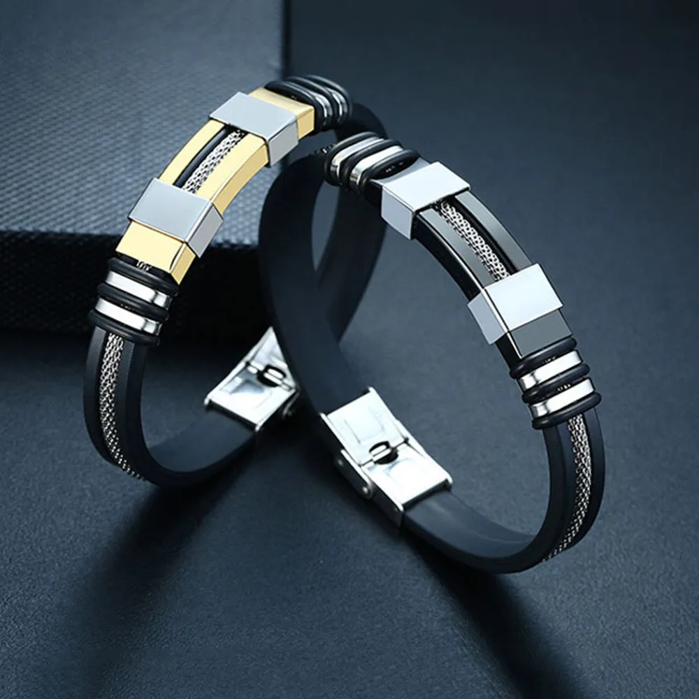 Мужской браслет из нержавеющей стали черного цвета с Желобчатой вставкой сетки и