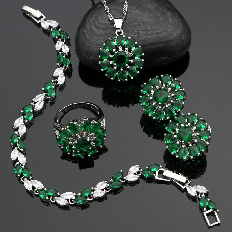 

925 Silver Party Jewelry Sets For Women Natural Green Cubic Zirconia Flower Stud Earrings Pendant Ring Bracelet Necklace Set