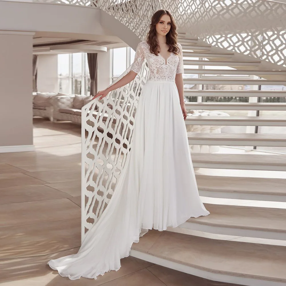 

Elegant Chiffon Lace Wedding Dress 2020 V Neck Half Sleeves See-through Beach Bridal Dresses A Line Robe De Mariage