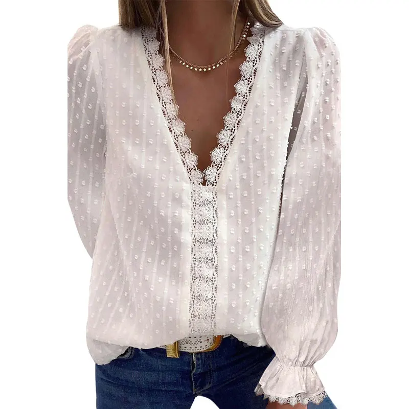 

Long Sleeve Women V Neck Embroidered Lace Chiffon Casual Shirt Blouse Tops