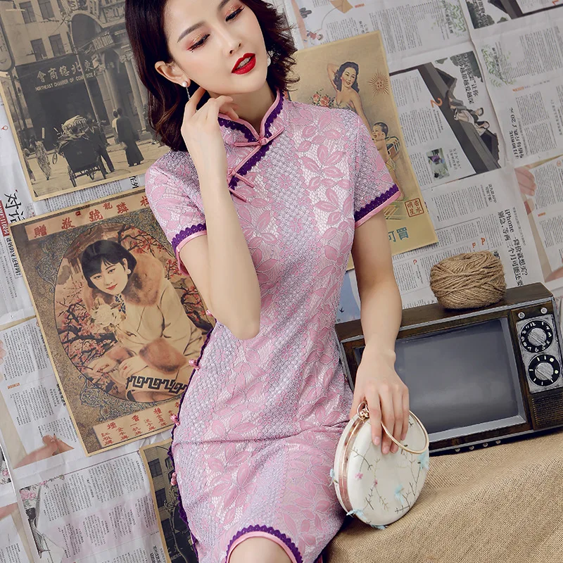 

Sexy Burgundy New Female Lace Cheongsam Women Novelty Qipao Short Sleeve Elegant Chinese Dress Slim Chi-pao Vestidos Size S-XXL