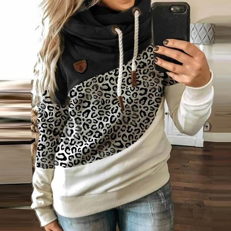 

Women Patchwork Hooded Sweatshirt Autumn Winter Leopard Print Harajuku Drawstring Hoodie Casual Long Sleeve Pullover Tops Female