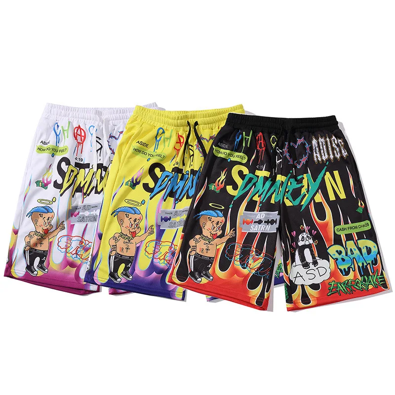 

Tide Brand Letter Cartoon Character Print Beach Shorts Men Summer Hip-hop Chic Fashion Sports Leisure Student Knee Length Pants