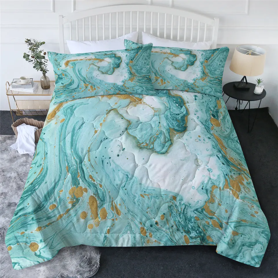

BlessLiving Marble Summer Blanket Chic Air-conditioning Comforter Mint Gold Glitter Turquoise Bedspread Abstract Thin Quilt King