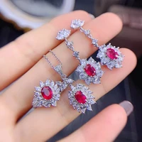 meibapj natural red ruby flower wedding jewelry sets for women 925 silver earrings ring pendant necklace three piece suite
