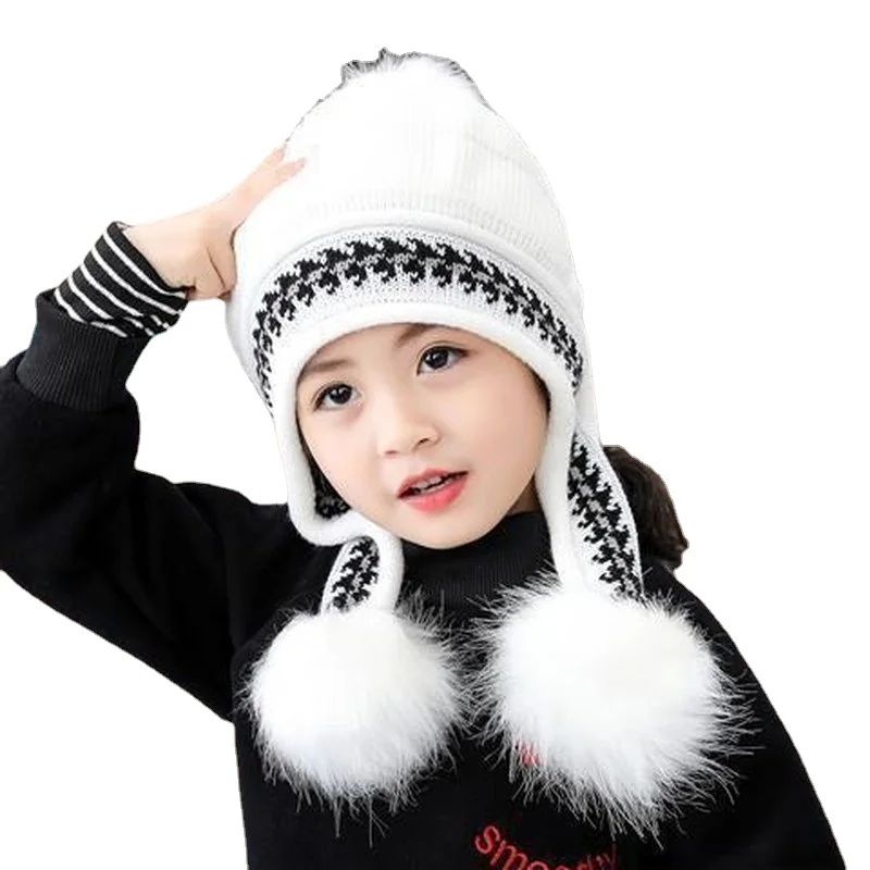 

Autumn Winter Boys and Girls Pompom Acrylic Earflap Caps Solid Color Baby Warm Cute Princess Hat Accessories 2-12 Years