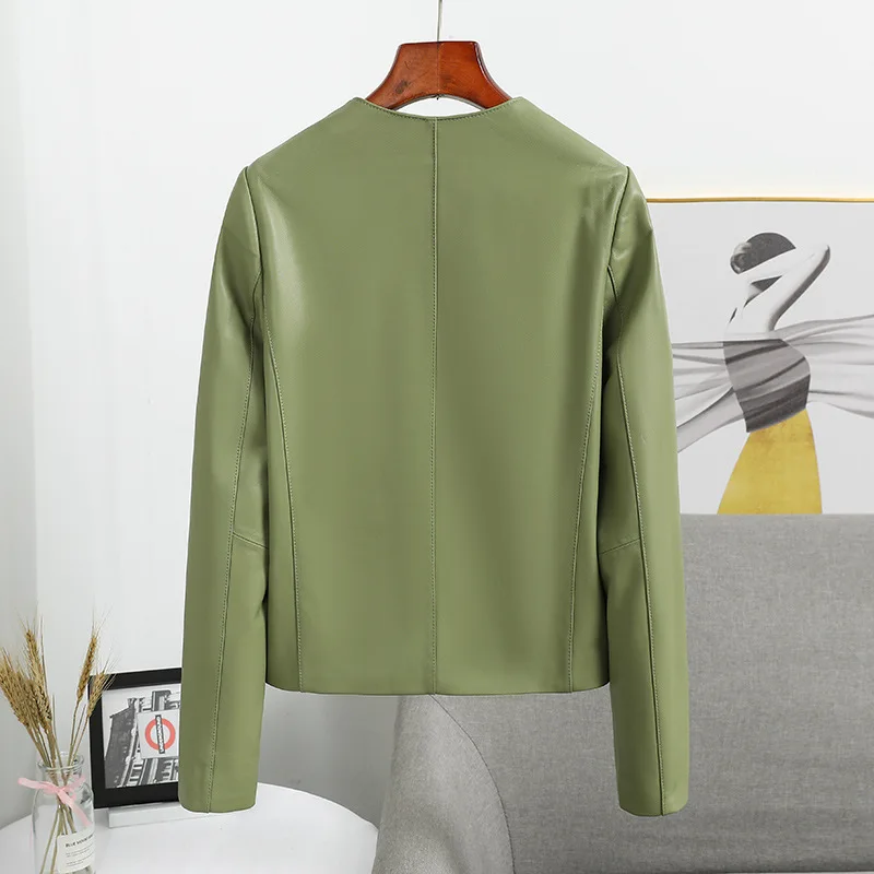 Spring Autumn Korean Style Women's High Quality Green Genuine Leather O-neck Jackets C252