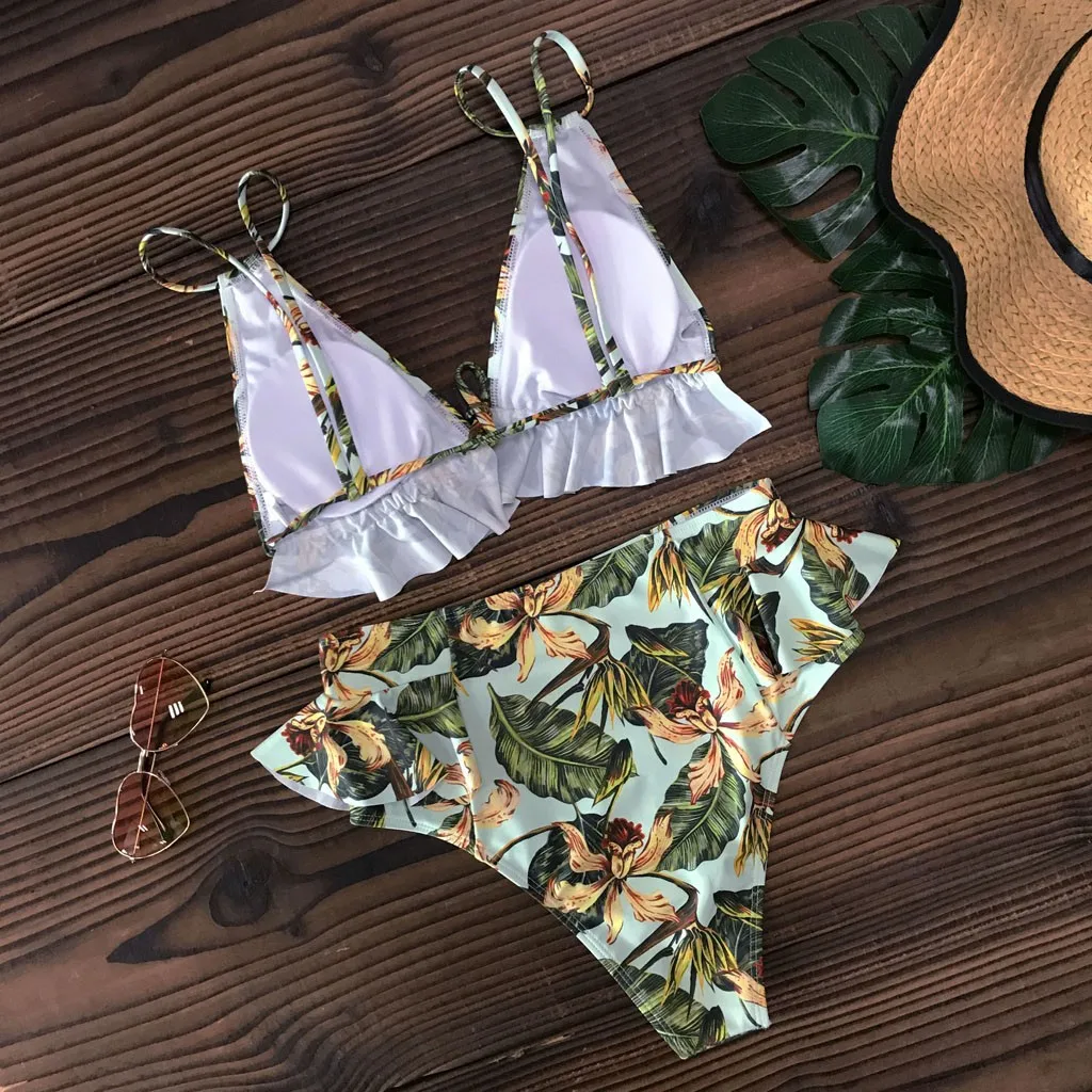 

Floral Ruffled Bikini Set Women V-neck Swim Wear High-waisted Two Piece Swimsuit 2020 Girl Beach Bathing Suit Swimwear Biquinis