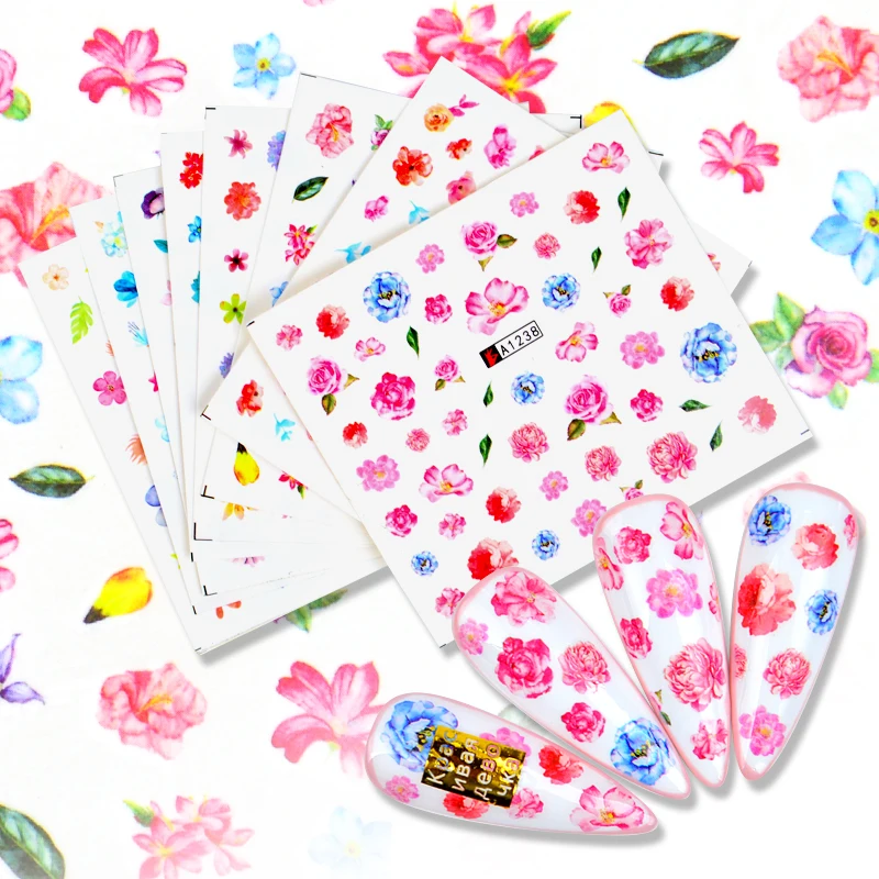 

FWC 1 PCS Pink Flower Nail Decals Water Leaf Sliders Paper Nail Art Decor Gel Polish Sticker Manicure Foils