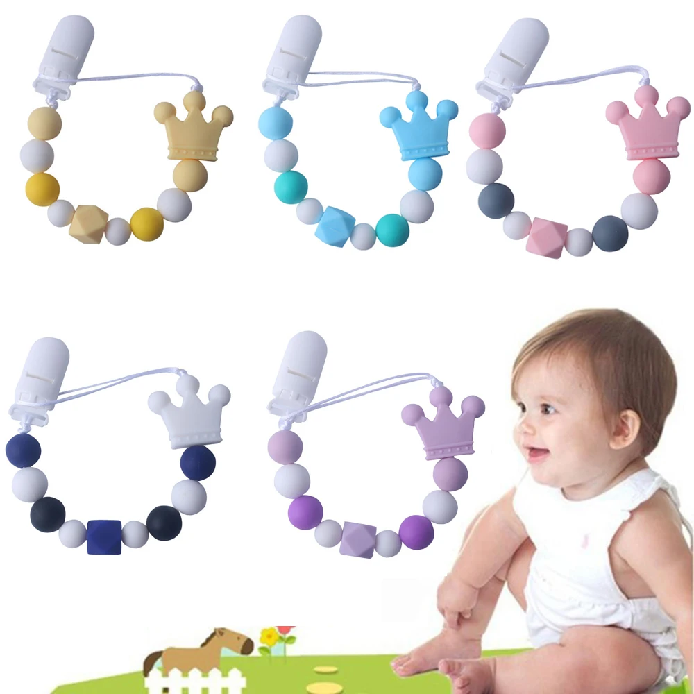 

DIY Food Grade Baby Silicone Teethers Crown Handmade Cute Pacifier Clip Chain Silicone Pacifier Chains Teether Toy for Newborn