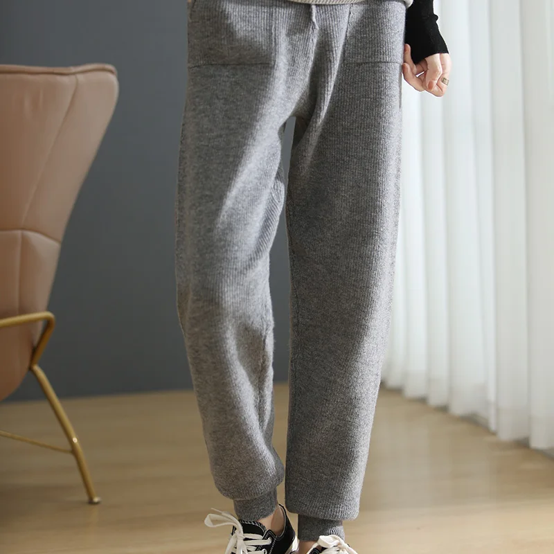 2021 Autumn and Winter Style 100% Pure Wool Knitting Feet Pants Women's Casual Sports Trousers With Feet Thin Harlan Pants
