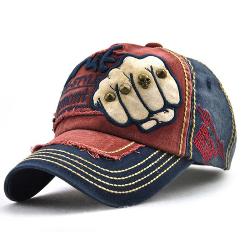 JAMONT Men Women Denim Wash Cotton Baseball Cap Fist Embroidery Rivet Vintage Do Old Snapback Cap Hip Hop Hat Fashion Casquette - Цвет: As shown