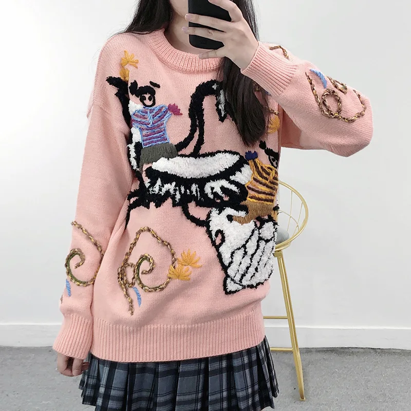 

Euramerican Cashmere Elegant Women Sweater Oversized Knitted B Crochet Pullovers O Neck Loose Female Knitwear Embroidery Jumper