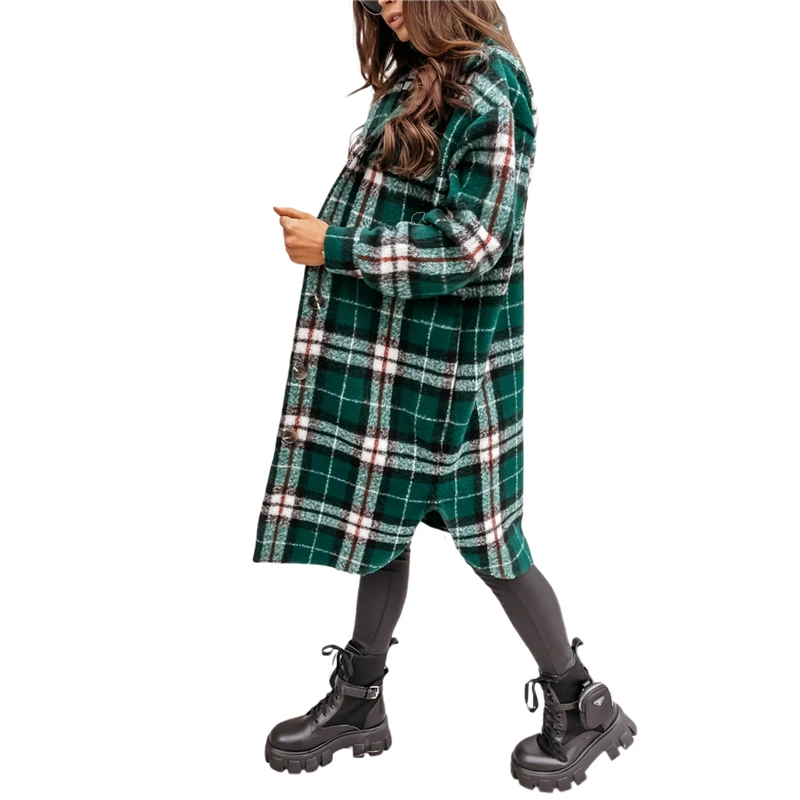 

Women Coat Wool Blends Plaid Turn-Down Collar Long Sleeve Tops Winter Ladies Coats and Jackets Office Lady Single Breasted Coat