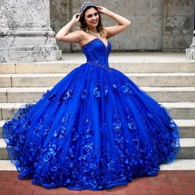 

Royal Blue Quinceanera Dress 2022 Sweetheart Sequins Beads Flowers Princess Party Sweet 16 Ball Gown Vestidos De 15 Años